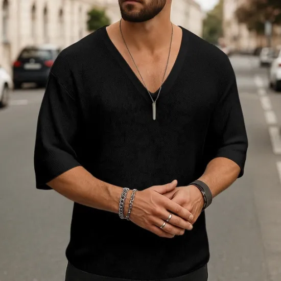 Hot OUKU Men's T Shirt Tee Short Sleeve Shirt Tee Top Short Sleeve V Neck Summer Plain Fashion Designer Basic Classic Vacation Street Going out Black White Brown Top Tee for Men
