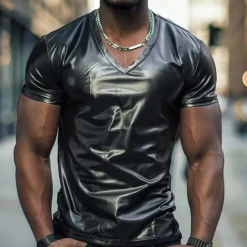 Best OUKU Men's T Shirt Tee Short Sleeve V Neck Summer Plain Exaggerated Designer Wedding Party Cocktail Attire Silver Black Gold Top Tee for Men