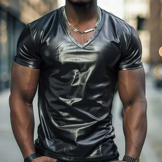 Best OUKU Men's T Shirt Tee Short Sleeve V Neck Summer Plain Exaggerated Designer Wedding Party Cocktail Attire Silver Black Gold Top Tee for Men