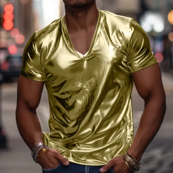 Best OUKU Men's T Shirt Tee Short Sleeve V Neck Summer Plain Exaggerated Designer Wedding Party Cocktail Attire Silver Black Gold Top Tee for Men