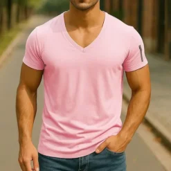 Sale OUKU Men's T Shirt Tee Short Sleeve Shirt Tee Top Short Sleeve V Neck Summer Plain Fashion Designer Basic Zipper Vacation Street Going out Black White Pink Top Tee for Men
