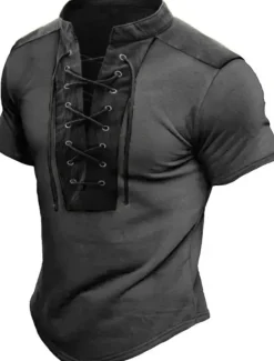 Discount OUKU Men's T Shirt Tee Short Sleeve Collar Summer Graphic Color Block Vintage Fashion Designer Lace up Print Casual Daily Sports Black Blue Brown Top Tee for Men