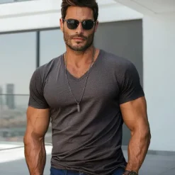 Outlet OUKU Men's T shirt Tee Solid Color V Neck non-printing Normal Short Sleeve V Neck Clothing Apparel 100% Cotton Knitwear Daily Sports & Outdoors Dark Gray