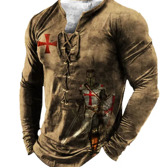Best OUKU Men's T shirt Tee Tee Graphic Templar Cross Henley Black Light Brown Brown Dark Gray 3D Print Knight Plus Size Outdoor Street Long Sleeve Lace up Print Clothing Apparel Designer Stylish Vintage Basic