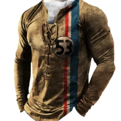 Best OUKU Men's T shirt Tee Tee Graphic Templar Cross Henley Black Light Brown Brown Dark Gray 3D Print Knight Plus Size Outdoor Street Long Sleeve Lace up Print Clothing Apparel Designer Stylish Vintage Basic
