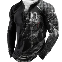 Best OUKU Men's T shirt Tee Tee Graphic Templar Cross Henley Black Light Brown Brown Dark Gray 3D Print Knight Plus Size Outdoor Street Long Sleeve Lace up Print Clothing Apparel Designer Stylish Vintage Basic