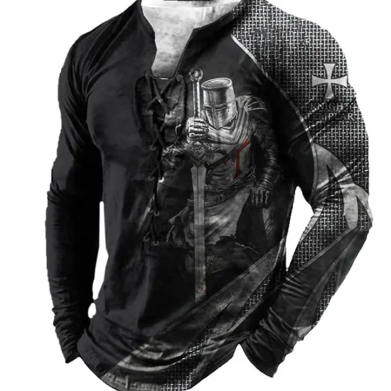 Best OUKU Men's T shirt Tee Tee Graphic Templar Cross Henley Black Light Brown Brown Dark Gray 3D Print Knight Plus Size Outdoor Street Long Sleeve Lace up Print Clothing Apparel Designer Stylish Vintage Basic