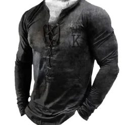 Best OUKU Men's T shirt Tee Tee Graphic Templar Cross Henley Black Light Brown Brown Dark Gray 3D Print Knight Plus Size Outdoor Street Long Sleeve Lace up Print Clothing Apparel Designer Stylish Vintage Basic
