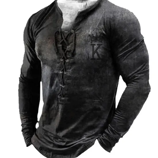 Best OUKU Men's T shirt Tee Tee Graphic Templar Cross Henley Black Light Brown Brown Dark Gray 3D Print Knight Plus Size Outdoor Street Long Sleeve Lace up Print Clothing Apparel Designer Stylish Vintage Basic