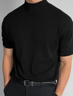 Hot OUKU Men's T shirt Tee Tee Top Plain Turtleneck Street Vacation Short Sleeves Knitting Clothing Apparel Fashion Designer Basic