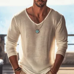 Discount OUKU Men's T Shirt Tee Tee Top Long Sleeve Shirt Long Sleeve V Neck Summer Spring Plain Fashion Designer Basic Classic Vacation Street Going out Top Tee for Men Beige