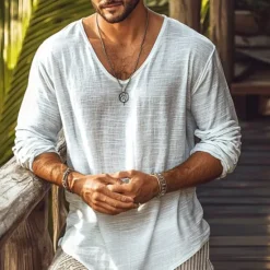 Best OUKU Men's T Shirt Tee Tee Top Long Sleeve Shirt Long Sleeve V Neck Summer Spring Plain Fashion Designer Basic Basic Vacation Street Going out Top Tee for Men White