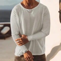 Clearance OUKU Men's T Shirt Tee Top Long Sleeve Shirt Long Sleeve Crew Neck Spring & Fall Plain Fashion Designer Basic Vacation Street Going out Black Sky Blue Khaki Top Tee for Men