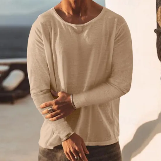 Clearance OUKU Men's T Shirt Tee Top Long Sleeve Shirt Long Sleeve Crew Neck Spring & Fall Plain Fashion Designer Basic Vacation Street Going out Black Sky Blue Khaki Top Tee for Men