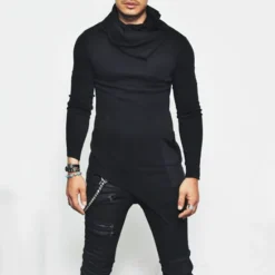 Online OUKU Men's T Shirt Tee Top Long Sleeve Shirt Long Sleeve Pile Neck Summer Plain Fashion Designer Basic Vacation Street Going out Black Khaki Grey Top Tee for Men