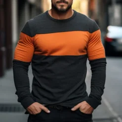 Sale OUKU Men's T Shirt Tee Top Long Sleeve Shirt Long Sleeve Crew Neck Spring & Fall Color Block Fashion Designer Basic Patchwork Vacation Street Going out Black Red Light Grey Top Tee for Men
