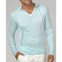 Online OUKU Men's T Shirt Tee Top Long Sleeve Hooded Summer Plain Fashion Designer Basic Vacation Street Going out White Navy Blue Brown Top Tee for Men