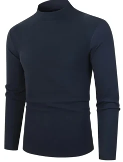 OUKU Men's T Shirt Tee Top Long Sleeve Shirt Long Sleeve Turtleneck Summer Plain Fashion Designer Basic Vacation Street Going out Black Navy Blue Blue Top Tee for Men