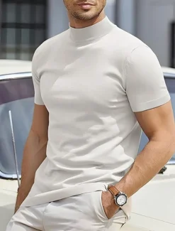 Discount OUKU Men's T Shirt Tee Top Mock Turtleneck Short Sleeves Turtleneck Summer Plain Designer Basic Modern Contemporary Vacation Street Going out Wine Black White Top Tee for Men