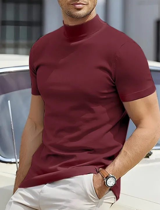 Discount OUKU Men's T Shirt Tee Top Mock Turtleneck Short Sleeves Turtleneck Summer Plain Designer Basic Modern Contemporary Vacation Street Going out Wine Black White Top Tee for Men