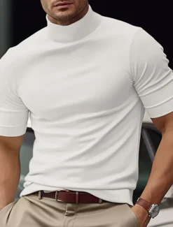 Sale OUKU Men's T Shirt Tee Top Mock Turtleneck Short Sleeves Turtleneck Summer Plain Fashion Designer Basic Vacation Street Going out Black White Blue Top Tee for Men