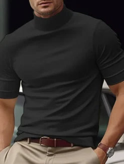 Sale OUKU Men's T Shirt Tee Top Mock Turtleneck Short Sleeves Turtleneck Summer Plain Fashion Designer Basic Vacation Street Going out Black White Blue Top Tee for Men