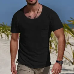 Online OUKU Men's T Shirt Tee Top Short Sleeve Crew Neck Summer Plain Sports Fashion Lightweight Pocket Vacation Casual Holiday Black White Blue Top Tee for Men