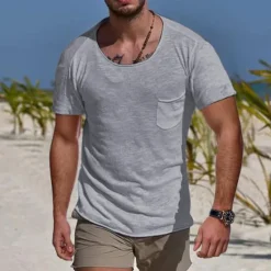 Online OUKU Men's T Shirt Tee Top Short Sleeve Crew Neck Summer Plain Sports Fashion Lightweight Pocket Vacation Casual Holiday Black White Blue Top Tee for Men