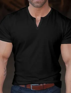 Sale OUKU Men's T Shirt Tee Top Short Sleeves Plain Fashion Designer Basic V Neck Vacation Street Going out Summer Black White Navy Blue Henley T-Shirt