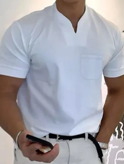 Best OUKU Men's T Shirt Tee Top Short Sleeve V Neck Summer Plain Fashion Designer Basic Buttons Front Pocket Vacation Going out Casual Daily Black White Yellow Top Tee for Men