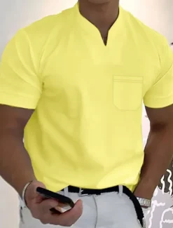 Best OUKU Men's T Shirt Tee Top Short Sleeve V Neck Summer Plain Fashion Designer Basic Buttons Front Pocket Vacation Going out Casual Daily Black White Yellow Top Tee for Men