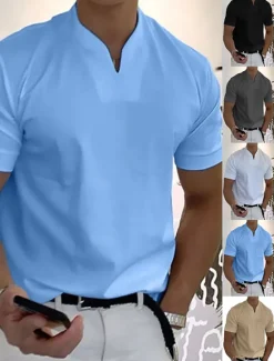 Best OUKU Men's T Shirt Tee Top Short Sleeve V Neck Summer Plain Fashion Designer Basic Buttons Front Pocket Vacation Going out Casual Daily Black White Yellow Top Tee for Men