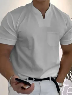 Best OUKU Men's T Shirt Tee Top Short Sleeve V Neck Summer Plain Fashion Designer Basic Buttons Front Pocket Vacation Going out Casual Daily Black White Yellow Top Tee for Men