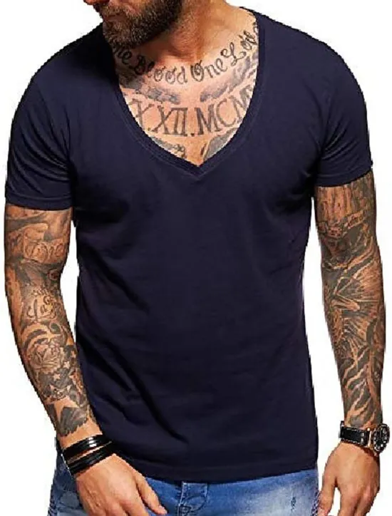Sale OUKU Men's T Shirt Tee Top Short Sleeve V Neck Plain Muscle Esencial Summer Navy Black White Top Tee for Men