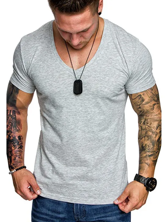 Sale OUKU Men's T Shirt Tee Top Short Sleeve V Neck Plain Muscle Esencial Summer Navy Black White Top Tee for Men