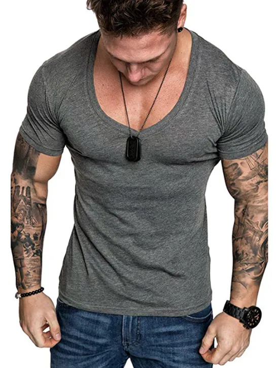 Sale OUKU Men's T Shirt Tee Top Short Sleeve V Neck Plain Muscle Esencial Summer Navy Black White Top Tee for Men