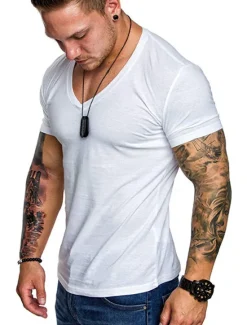 Sale OUKU Men's T Shirt Tee Top Short Sleeve V Neck Plain Muscle Esencial Summer Navy Black White Top Tee for Men