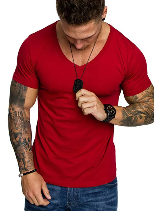 Sale OUKU Men's T Shirt Tee Top Short Sleeve V Neck Plain Muscle Esencial Summer Navy Black White Top Tee for Men