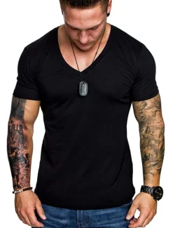 Sale OUKU Men's T Shirt Tee Top Short Sleeve V Neck Plain Muscle Esencial Summer Navy Black White Top Tee for Men