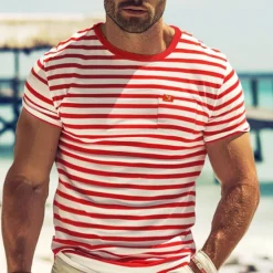 OUKU Men's T Shirt Tee Top Short Sleeves Crew Neck Summer Striped Fashion Designer Basic Front Pocket Vacation Street Going out Black Red Navy Blue Top Tee for Men