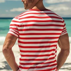 OUKU Men's T Shirt Tee Top Short Sleeves Crew Neck Summer Striped Fashion Designer Basic Front Pocket Vacation Street Going out Black Red Navy Blue Top Tee for Men