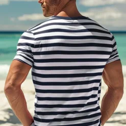 OUKU Men's T Shirt Tee Top Short Sleeves Crew Neck Summer Striped Fashion Designer Basic Front Pocket Vacation Street Going out Black Red Navy Blue Top Tee for Men