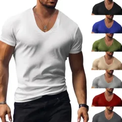 Clearance OUKU Men's T Shirt Tee Top Short Sleeves V Neck Summer Plain Fashion Designer Basic Vacation Street Going out Black White Red Top Tee for Men