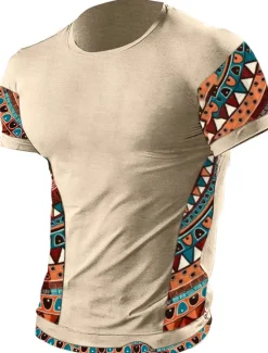 OUKU Men's T Shirt Tee Top Short Sleeves Crew Neck Summer Color Block Tribal Fashion Designer Ethnic Vacation Going out Casual Daily Black White Red Top Tee for Men