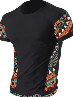 OUKU Men's T Shirt Tee Top Short Sleeves Crew Neck Summer Color Block Tribal Fashion Designer Ethnic Vacation Going out Casual Daily Black White Red Top Tee for Men