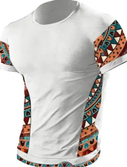 OUKU Men's T Shirt Tee Top Short Sleeves Crew Neck Summer Color Block Tribal Fashion Designer Ethnic Vacation Going out Casual Daily Black White Red Top Tee for Men