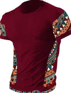 OUKU Men's T Shirt Tee Top Short Sleeves Crew Neck Summer Color Block Tribal Fashion Designer Ethnic Vacation Going out Casual Daily Black White Red Top Tee for Men