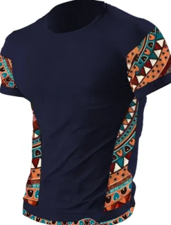 OUKU Men's T Shirt Tee Top Short Sleeves Crew Neck Summer Color Block Tribal Fashion Designer Ethnic Vacation Going out Casual Daily Black White Red Top Tee for Men