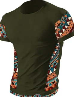 OUKU Men's T Shirt Tee Top Short Sleeves Crew Neck Summer Color Block Tribal Fashion Designer Ethnic Vacation Going out Casual Daily Black White Red Top Tee for Men