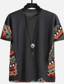 OUKU Men's T Shirt Tee Top Short Sleeves Crew Neck Summer Color Block Tribal Fashion Designer Ethnic Vacation Going out Casual Daily Black White Red Top Tee for Men
